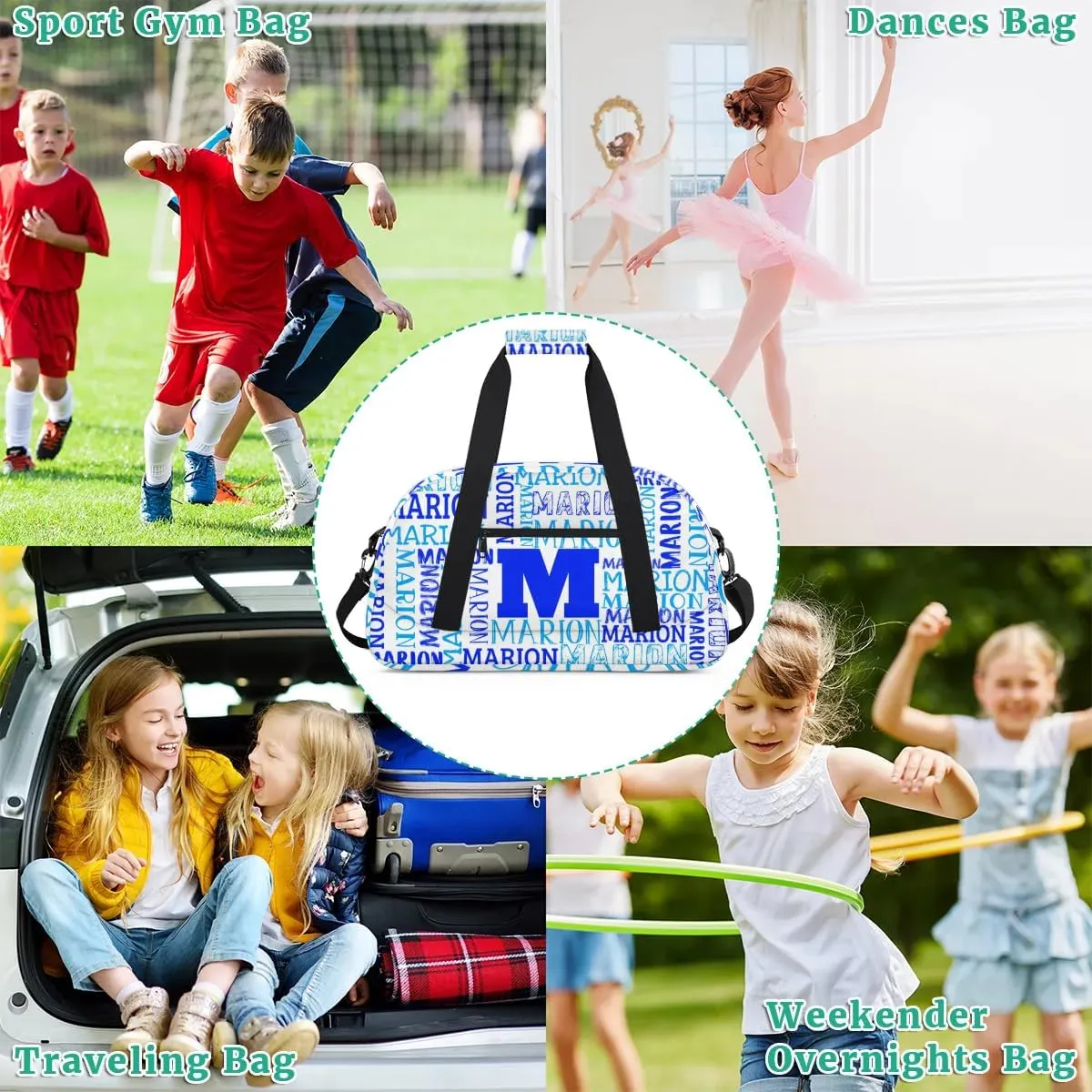 Personalized Sport Gym Bag Duffel Bag for Boys Girls, Custom Name Dance Bag Weekender Bags Travel Duffel Bag Tote Bag for Kids White Blue