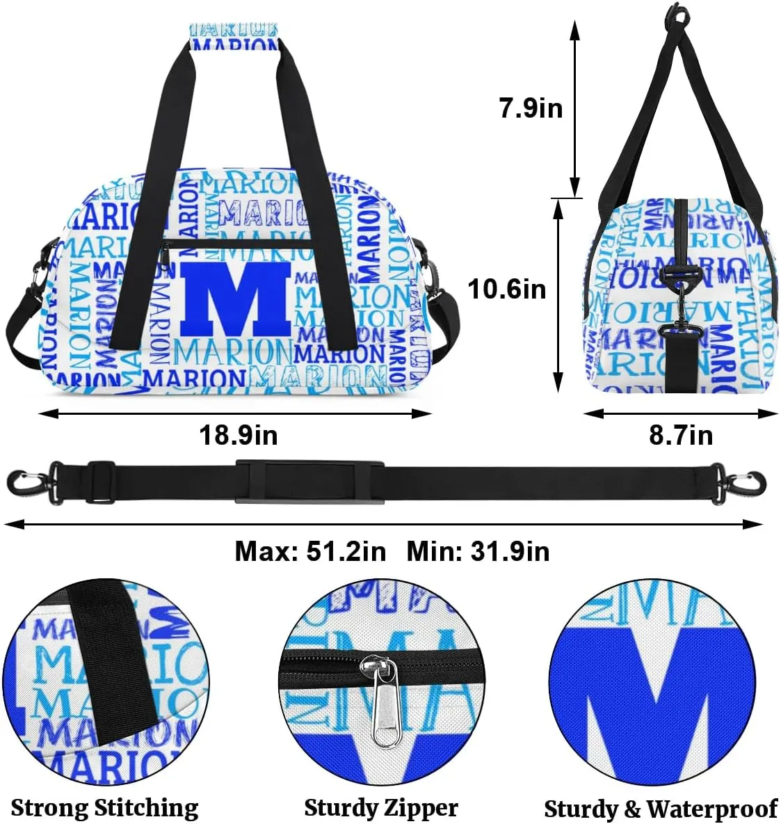 Personalized Sport Gym Bag Duffel Bag for Boys Girls, Custom Name Dance Bag Weekender Bags Travel Duffel Bag Tote Bag for Kids White Blue