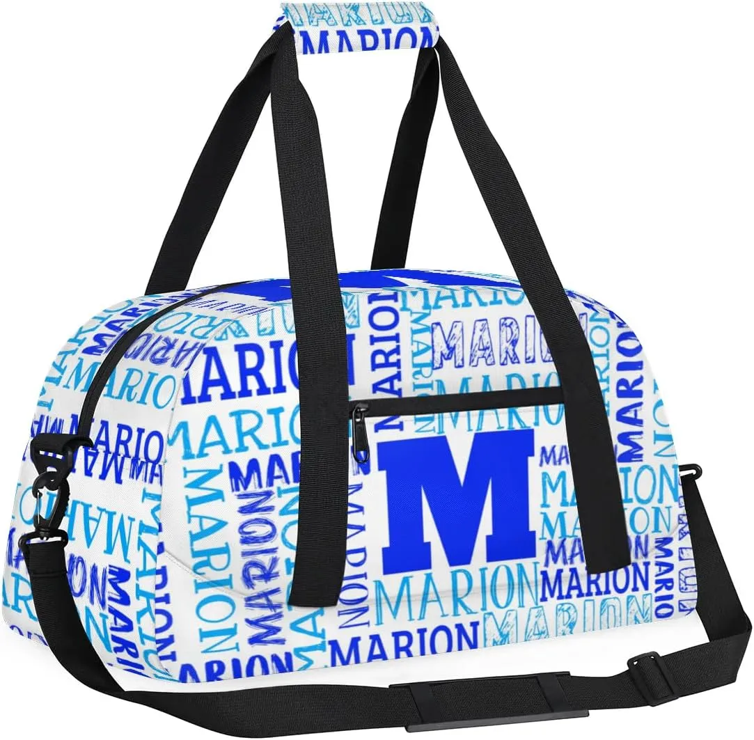 Personalized Sport Gym Bag Duffel Bag for Boys Girls, Custom Name Dance Bag Weekender Bags Travel Duffel Bag Tote Bag for Kids White Blue