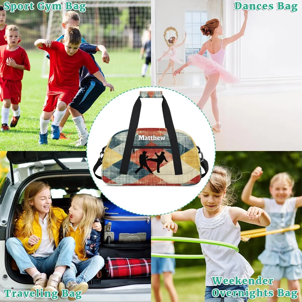 Personalized Sports Duffel Bag with Name Boys, Overnight Workout Training Bags Personalized Gym Bag Weekender Bags, Martial Art Rustic Orange Yellow Blue Plaid Pattern
