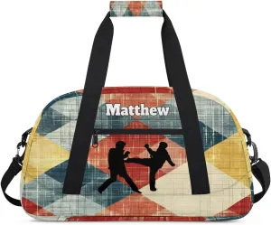 Personalized Sports Duffel Bag with Name Boys, Overnight Workout Training Bags Personalized Gym Bag Weekender Bags, Martial Art Rustic Orange Yellow Blue Plaid Pattern