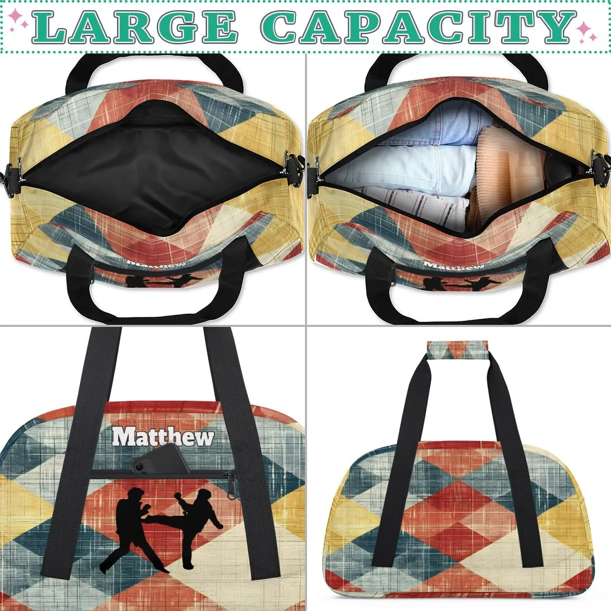 Personalized Sports Duffel Bag with Name Boys, Overnight Workout Training Bags Personalized Gym Bag Weekender Bags, Martial Art Rustic Orange Yellow Blue Plaid Pattern