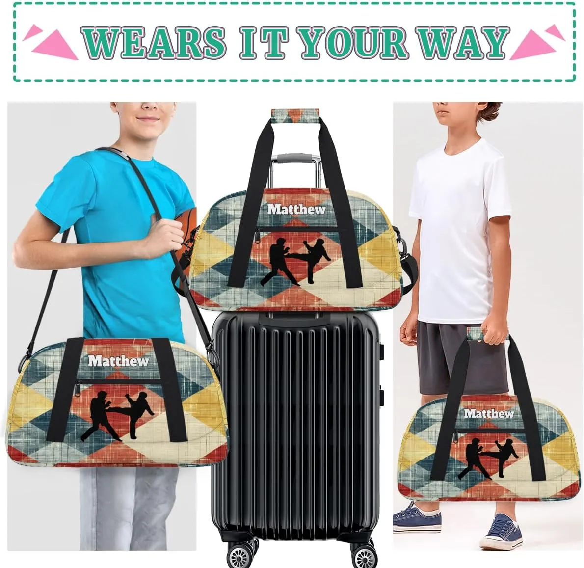 Personalized Sports Duffel Bag with Name Boys, Overnight Workout Training Bags Personalized Gym Bag Weekender Bags, Martial Art Rustic Orange Yellow Blue Plaid Pattern