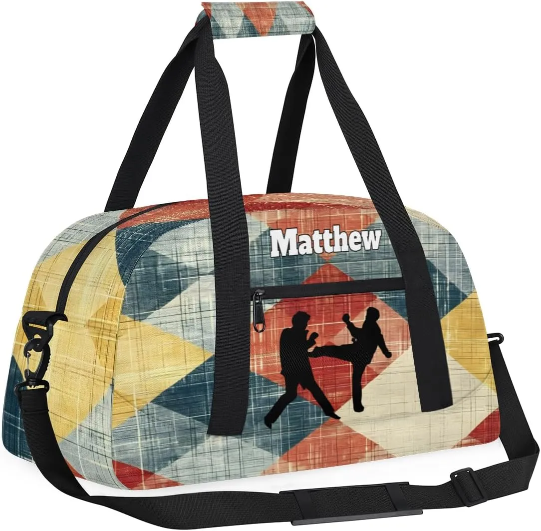Personalized Sports Duffel Bag with Name Boys, Overnight Workout Training Bags Personalized Gym Bag Weekender Bags, Martial Art Rustic Orange Yellow Blue Plaid Pattern