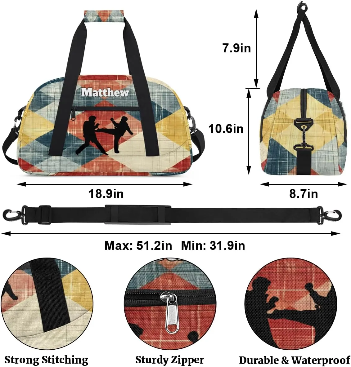 Personalized Sports Duffel Bag with Name Boys, Overnight Workout Training Bags Personalized Gym Bag Weekender Bags, Martial Art Rustic Orange Yellow Blue Plaid Pattern