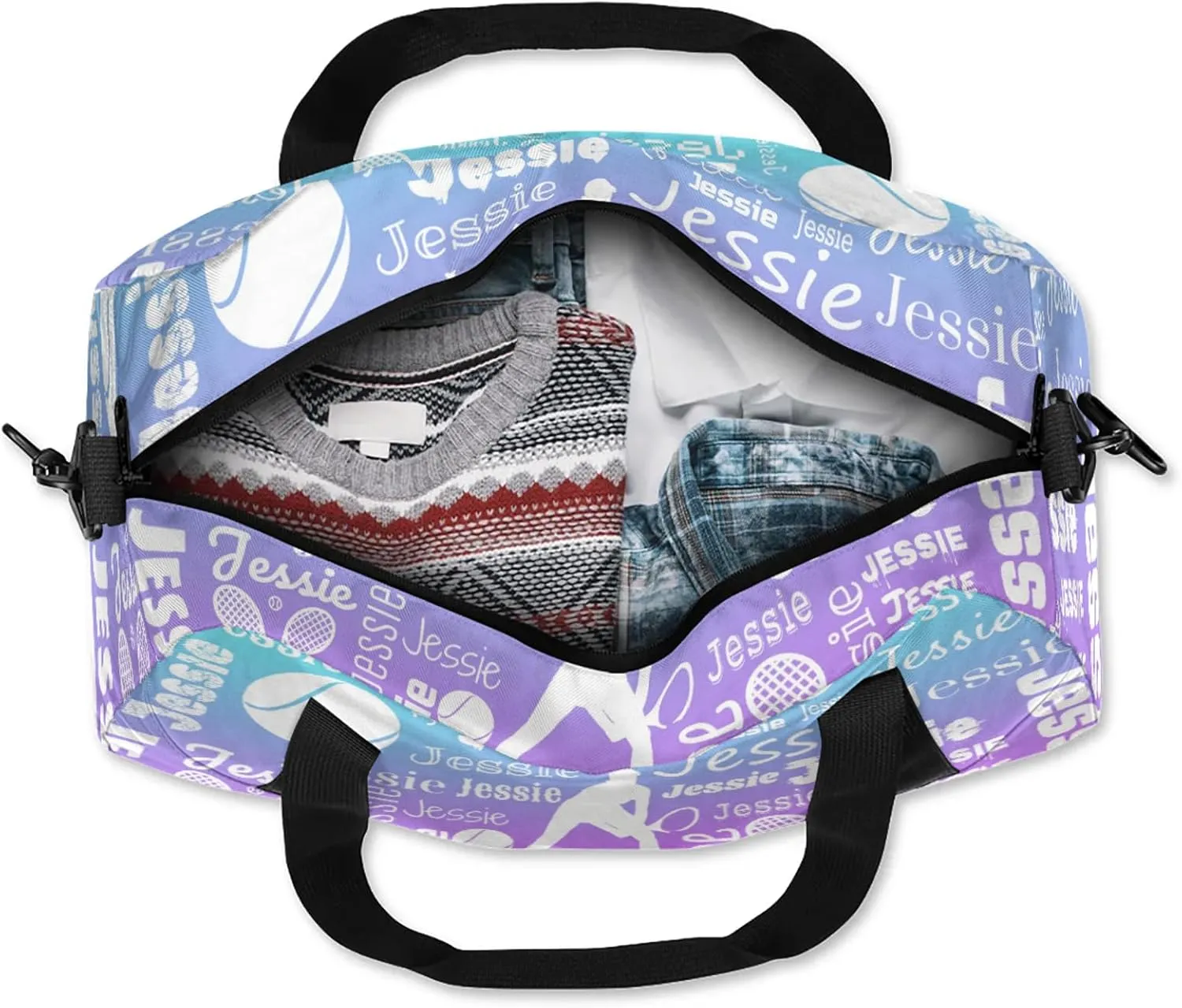 Personalized Tennis Sport Duffel Bag Custom Sports Bag Travel Overnight Shoulder Bags Customized Gifts for Women Men, Blue Purple