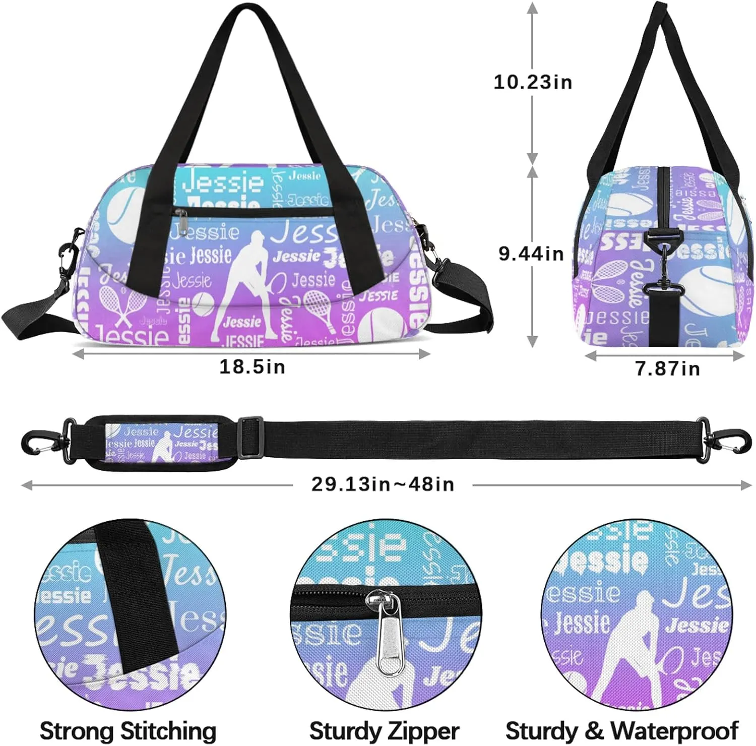 Personalized Tennis Sport Duffel Bag Custom Sports Bag Travel Overnight Shoulder Bags Customized Gifts for Women Men, Blue Purple