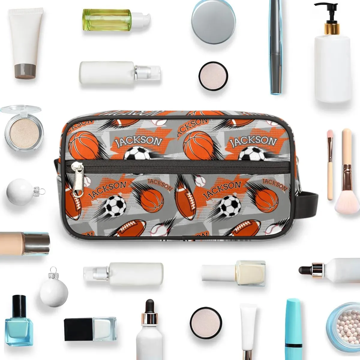 Personalized Toiletry Bag for Man Boy, Custom Cosmetic Bag Travel Makeup Bag Shaving Bag Make Up Bag Organizer Christmas Birthday Gift Sport Ball Pattern