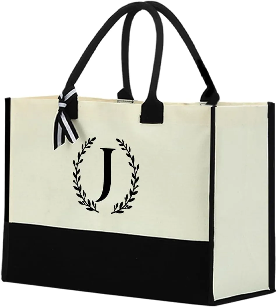 Personalized Tote Bag, Monogrammed Gifts for Women Bride Initial Reusable Grocery Bags for Wedding Bridal Shower