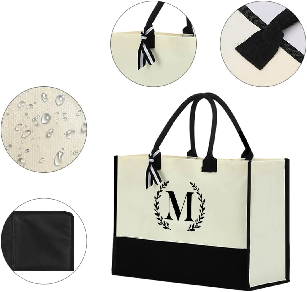 Personalized Tote Bag, Monogrammed Gifts for Women Bride Initial Reusable Grocery Bags for Wedding Bridal Shower