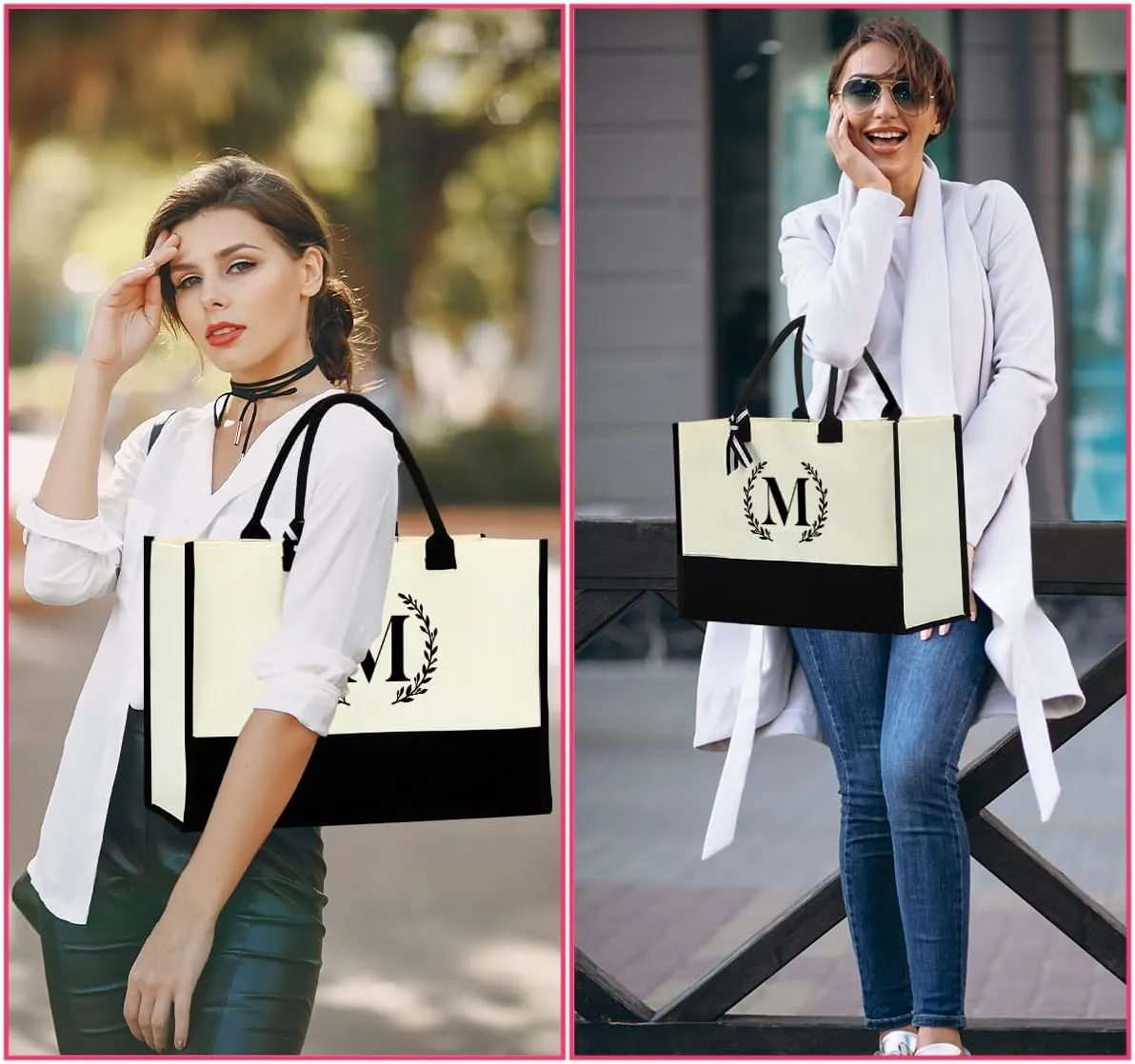 Personalized Tote Bag, Monogrammed Gifts for Women Bride Initial Reusable Grocery Bags for Wedding Bridal Shower
