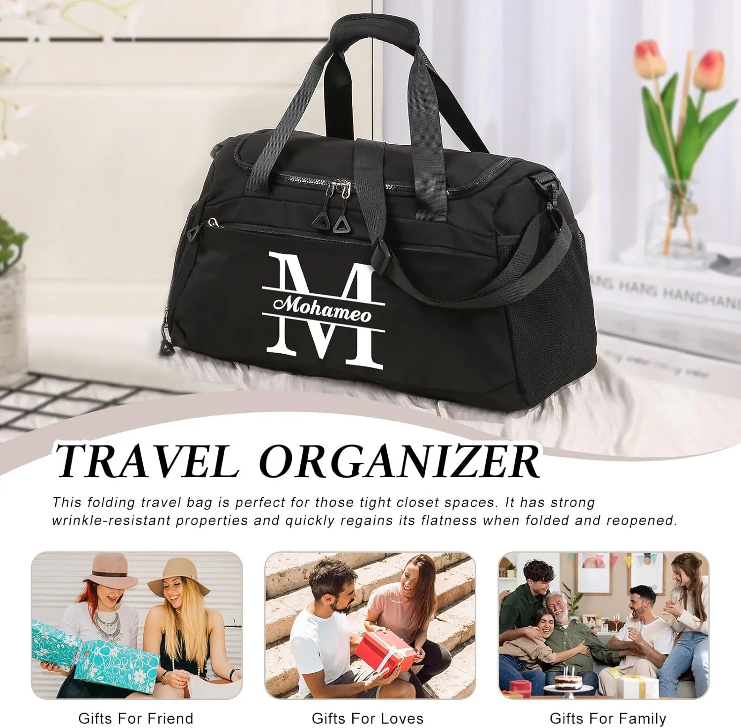 Personalized Travel Bag for Women Custom Duffle Bag with Name Customized Overnight Bag with Initials Sports Gym Bags Bridesmaid Gifts for Women Men (Black)