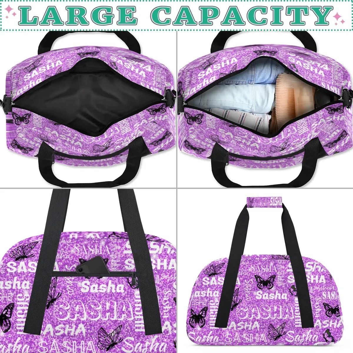 Personalized Travel Duffel Bags Custom Gifts for Women Custom Sport Duffel Bag with Name, Butterfly Print Overnight Carry-On Bag Weekender Bags, Violet Glitter