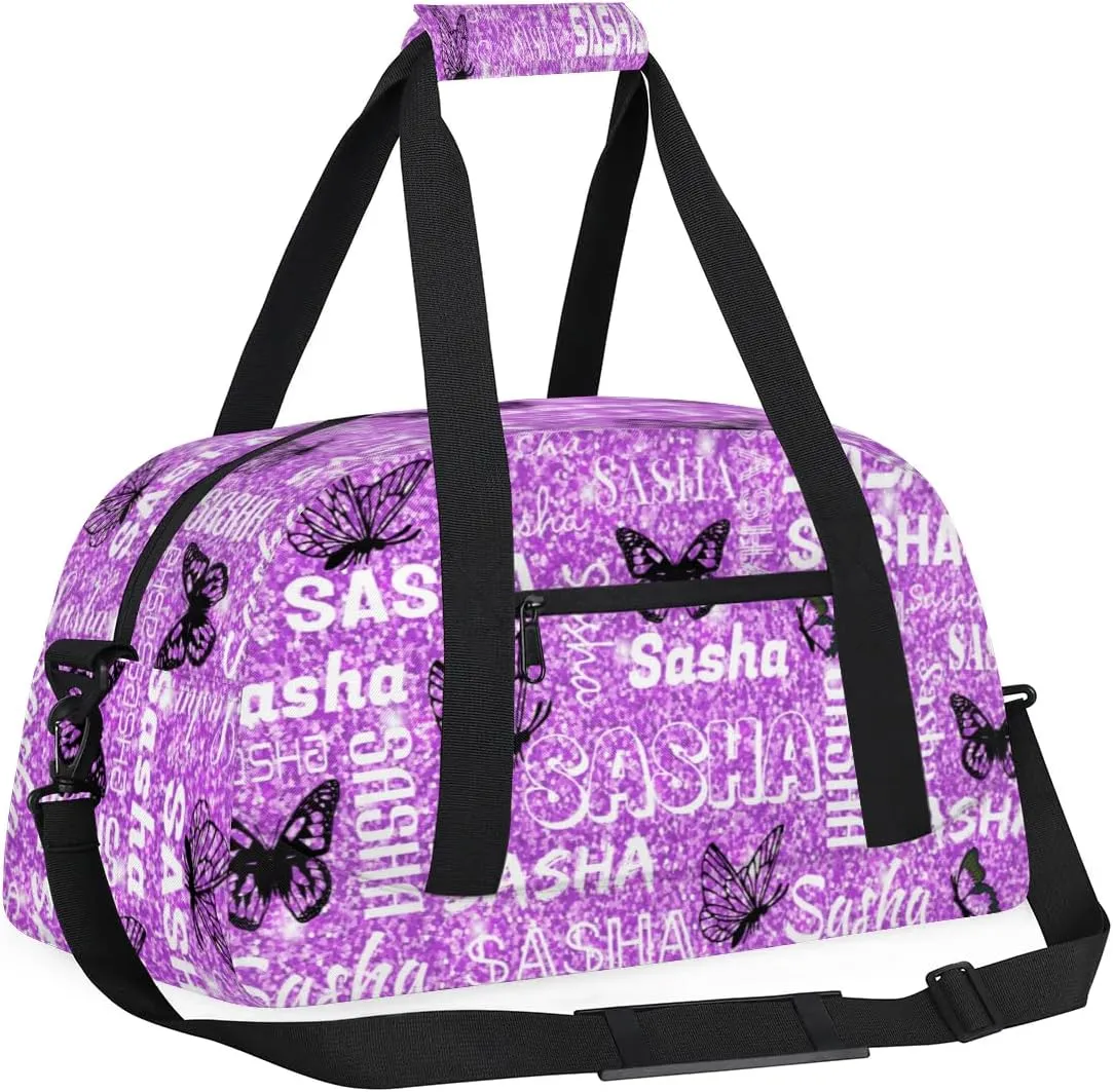 Personalized Travel Duffel Bags Custom Gifts for Women Custom Sport Duffel Bag with Name, Butterfly Print Overnight Carry-On Bag Weekender Bags, Violet Glitter