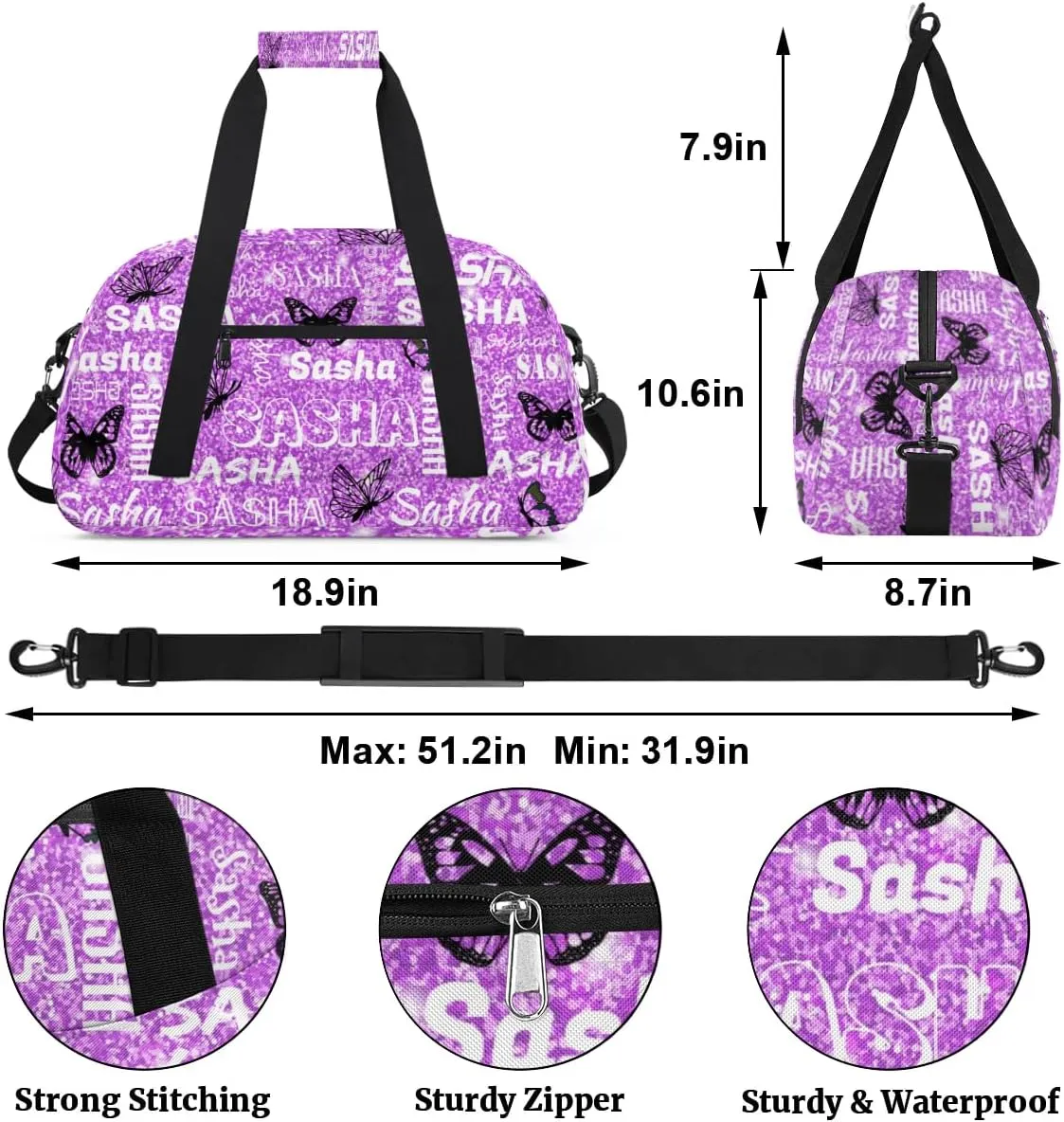 Personalized Travel Duffel Bags Custom Gifts for Women Custom Sport Duffel Bag with Name, Butterfly Print Overnight Carry-On Bag Weekender Bags, Violet Glitter
