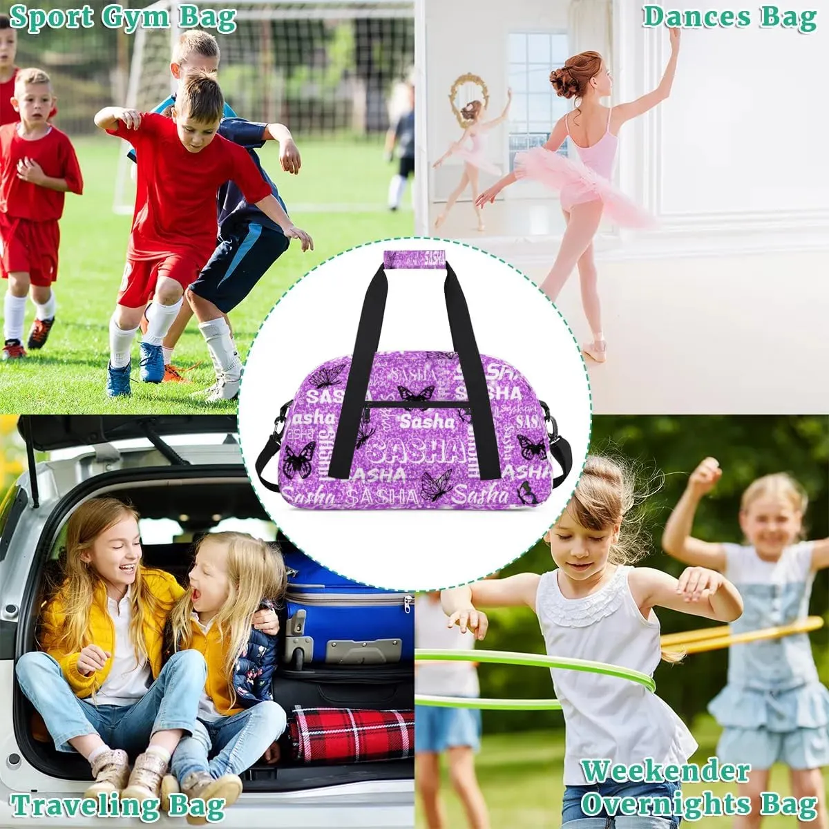 Personalized Travel Duffel Bags Custom Gifts for Women Custom Sport Duffel Bag with Name, Butterfly Print Overnight Carry-On Bag Weekender Bags, Violet Glitter