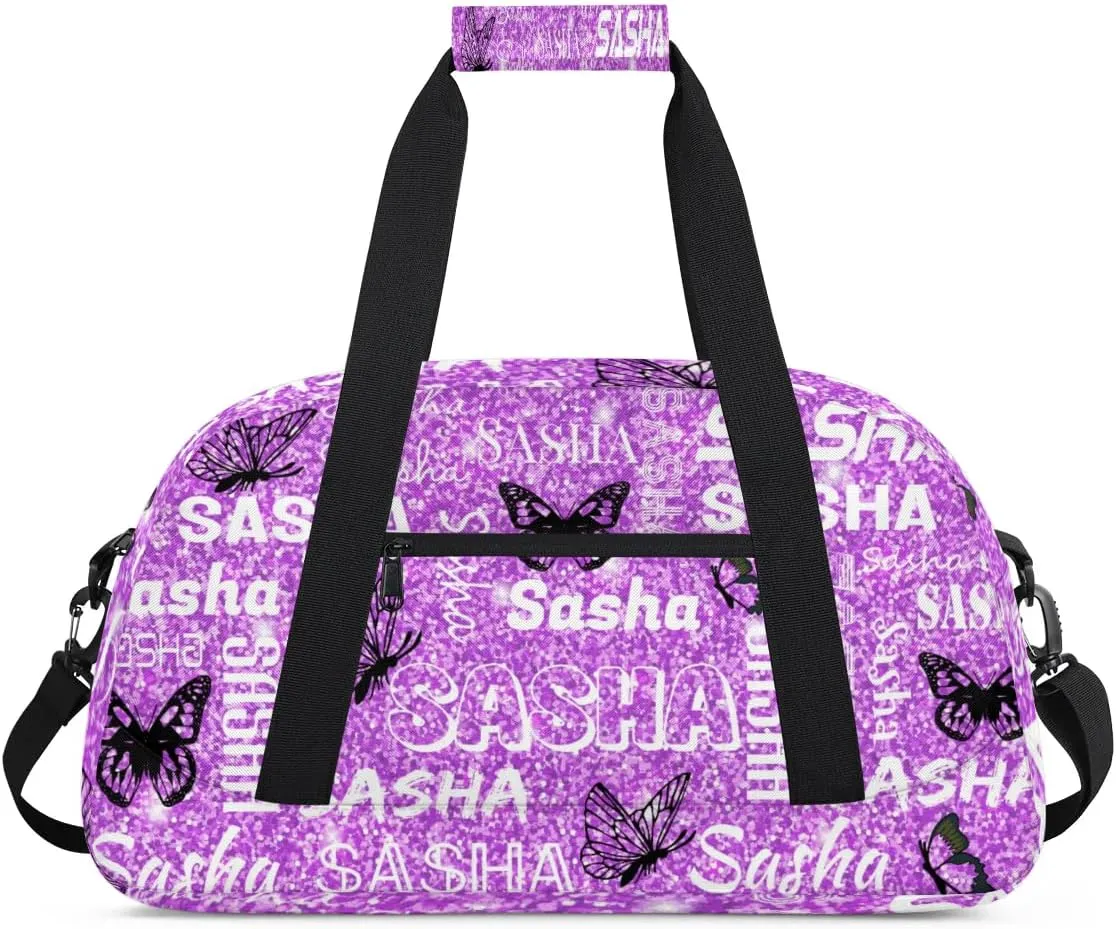 Personalized Travel Duffel Bags Custom Gifts for Women Custom Sport Duffel Bag with Name, Butterfly Print Overnight Carry-On Bag Weekender Bags, Violet Glitter