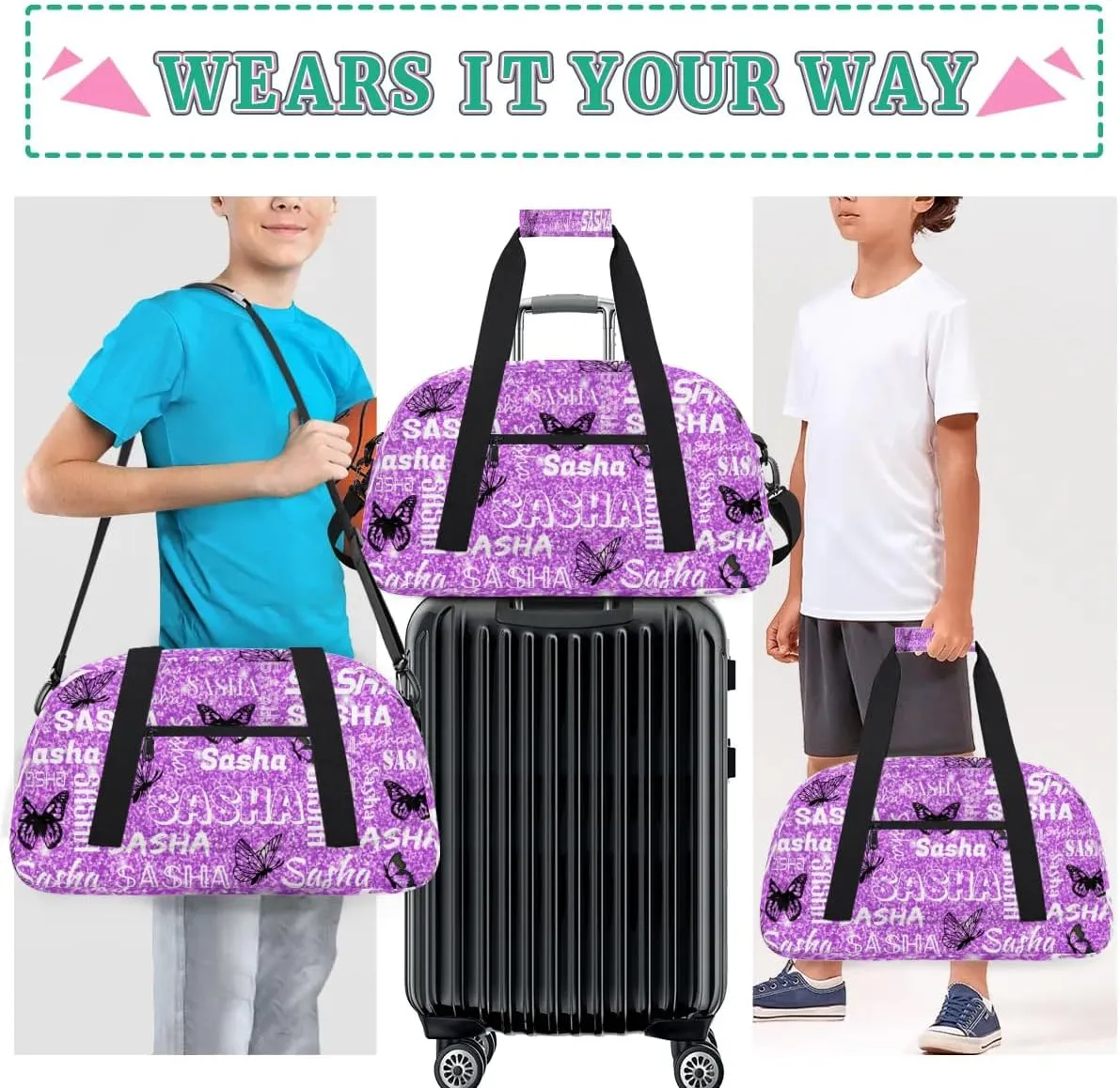 Personalized Travel Duffel Bags Custom Gifts for Women Custom Sport Duffel Bag with Name, Butterfly Print Overnight Carry-On Bag Weekender Bags, Violet Glitter