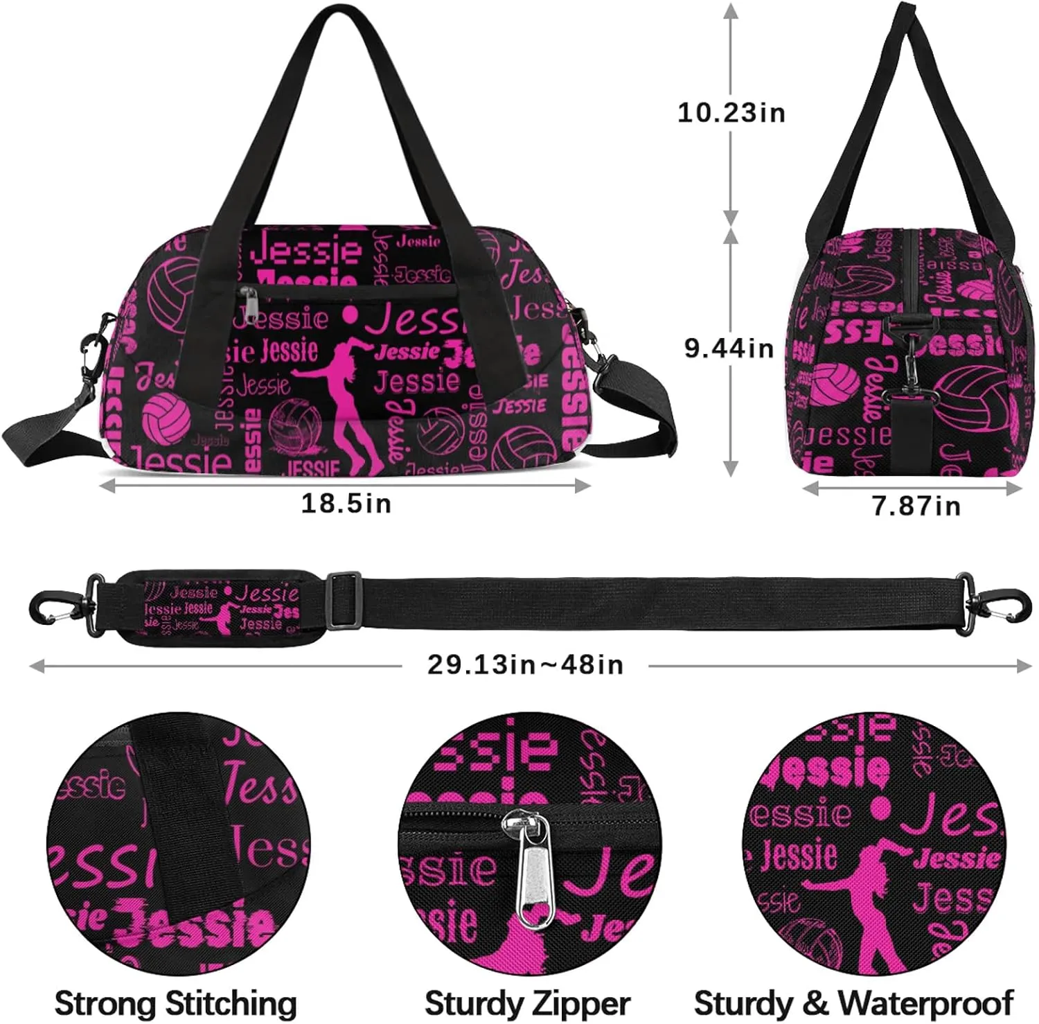 Personalized Volleyball Sport Duffel Bag Custom Sports Bag Travel Overnight Shoulder Bags Customized Gifts for Women Men, Black