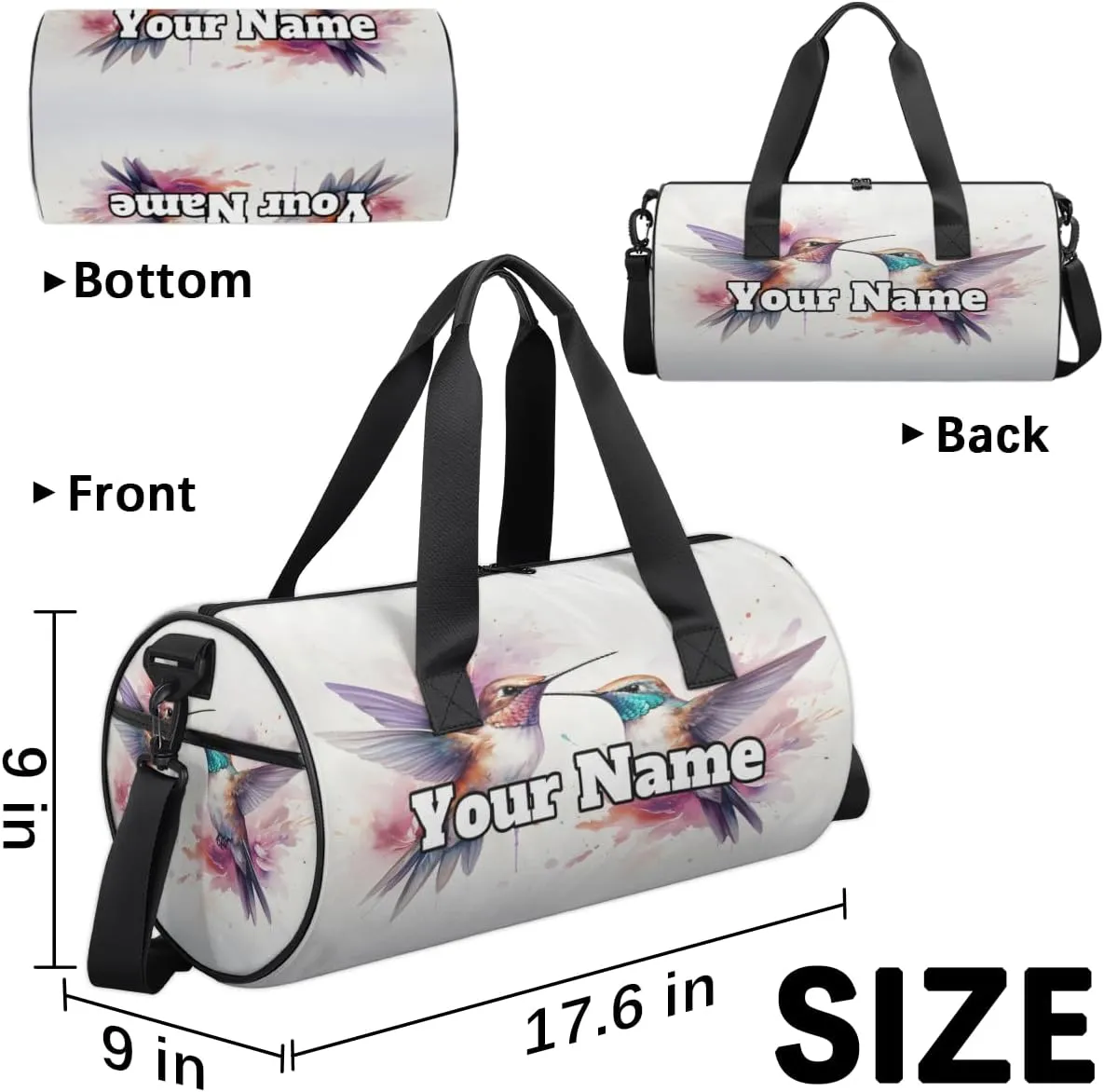 Personalized Watercolor Birds Sport Gym Bag, Custom Name Duffel Bags for Men, Waterproof Custom Sport Duffel Bag, Gymnastics Dance, Hummingbird