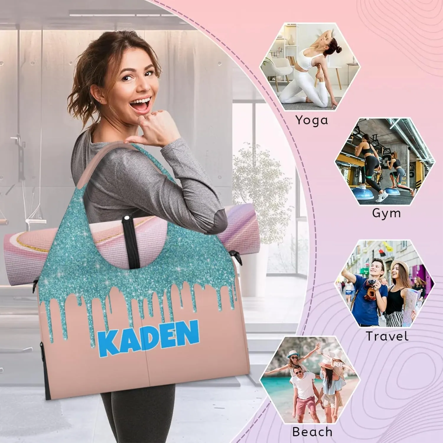 Personalized Yoga Mat Bag with Name Shoe Compartment, Water Fluid Glittering Travel Tote Sport Gym Duffel Bag