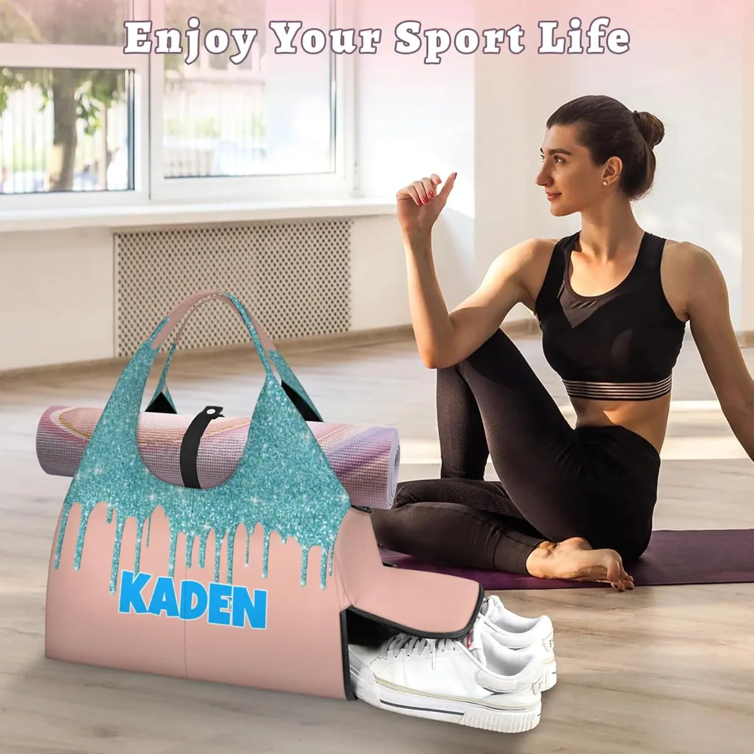 Personalized Yoga Mat Bag with Name Shoe Compartment, Water Fluid Glittering Travel Tote Sport Gym Duffel Bag