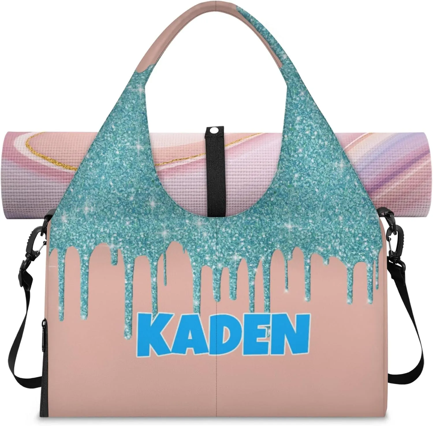 Personalized Yoga Mat Bag with Name Shoe Compartment, Water Fluid Glittering Travel Tote Sport Gym Duffel Bag