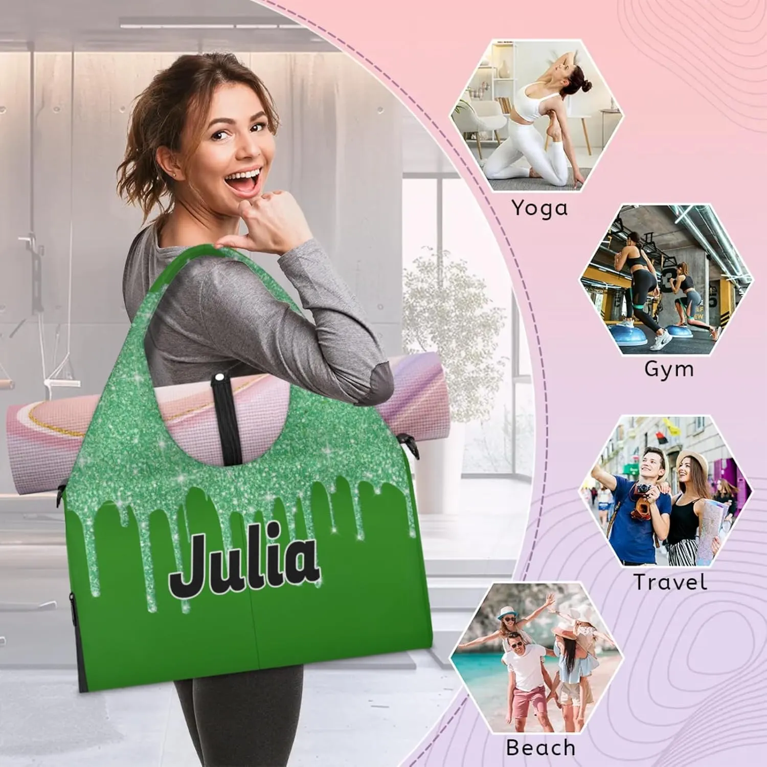Personalized Yoga Mat Bag with Name Shoe Compartment, Water Fluid Glittering Travel Tote Sport Gym Duffel Bag