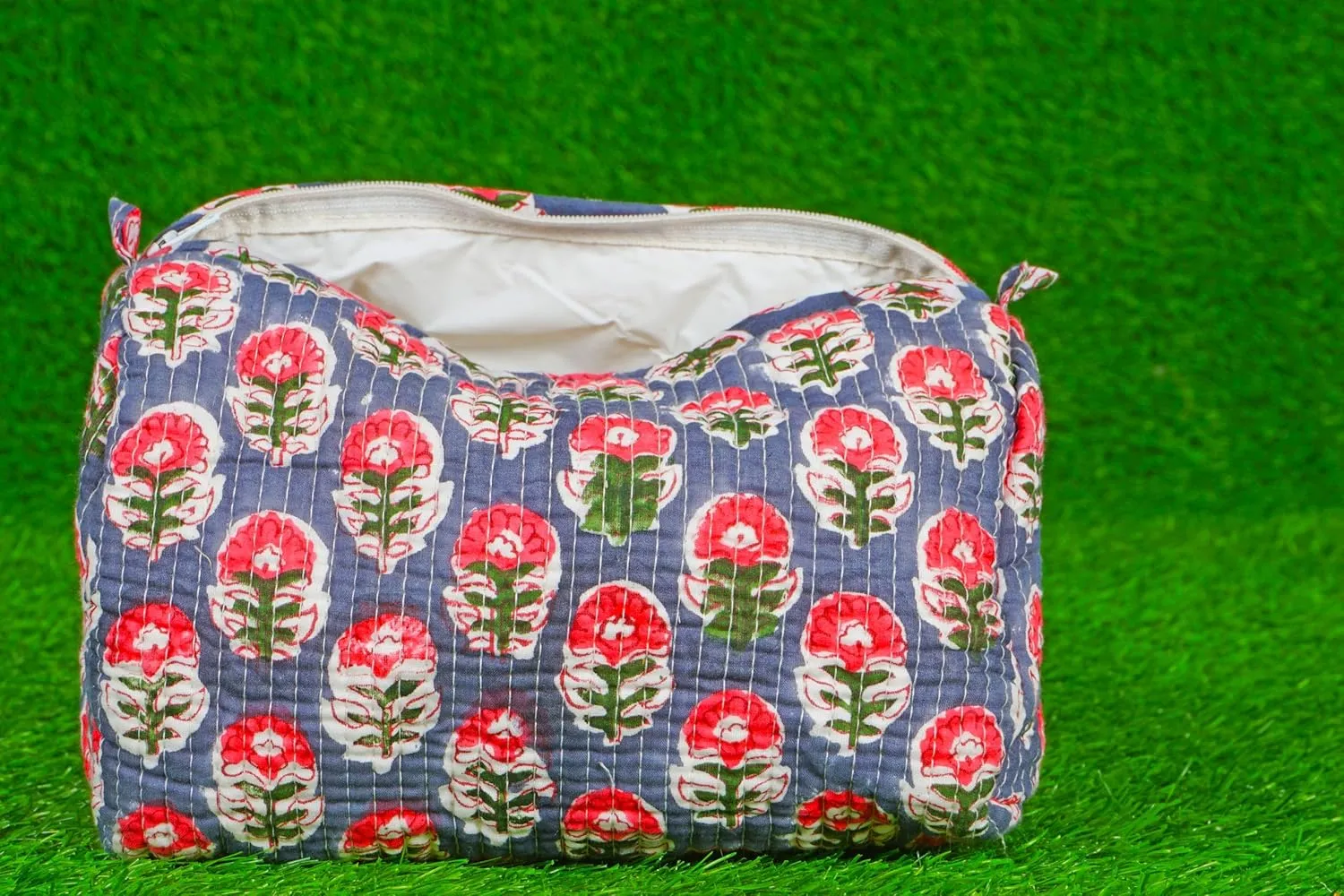 Pieces Indian Handmade Cotton Quilted Handmade Floral Hand Block Print Toiletry Bag,Cosmetic Pouch Bag Makeup Bag For Women (1, Blue A), 85485