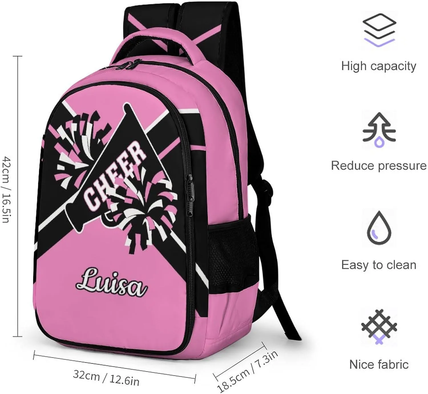 Pink Cheerleader School Backpack Custom Personalized with Name for Travel Daypack Sport Laptop Bag
