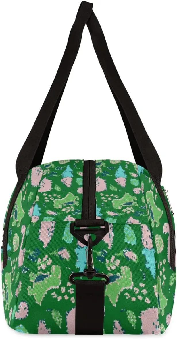 Pink Cute Dinosaur Personalized Kids Duffel Bag for Girls Boys, Dinosaur Debris Custom Name Overnight Small Duffel Bag Carry On Weekend Sports Travel Bag for School Practice Gymnastics Ballet