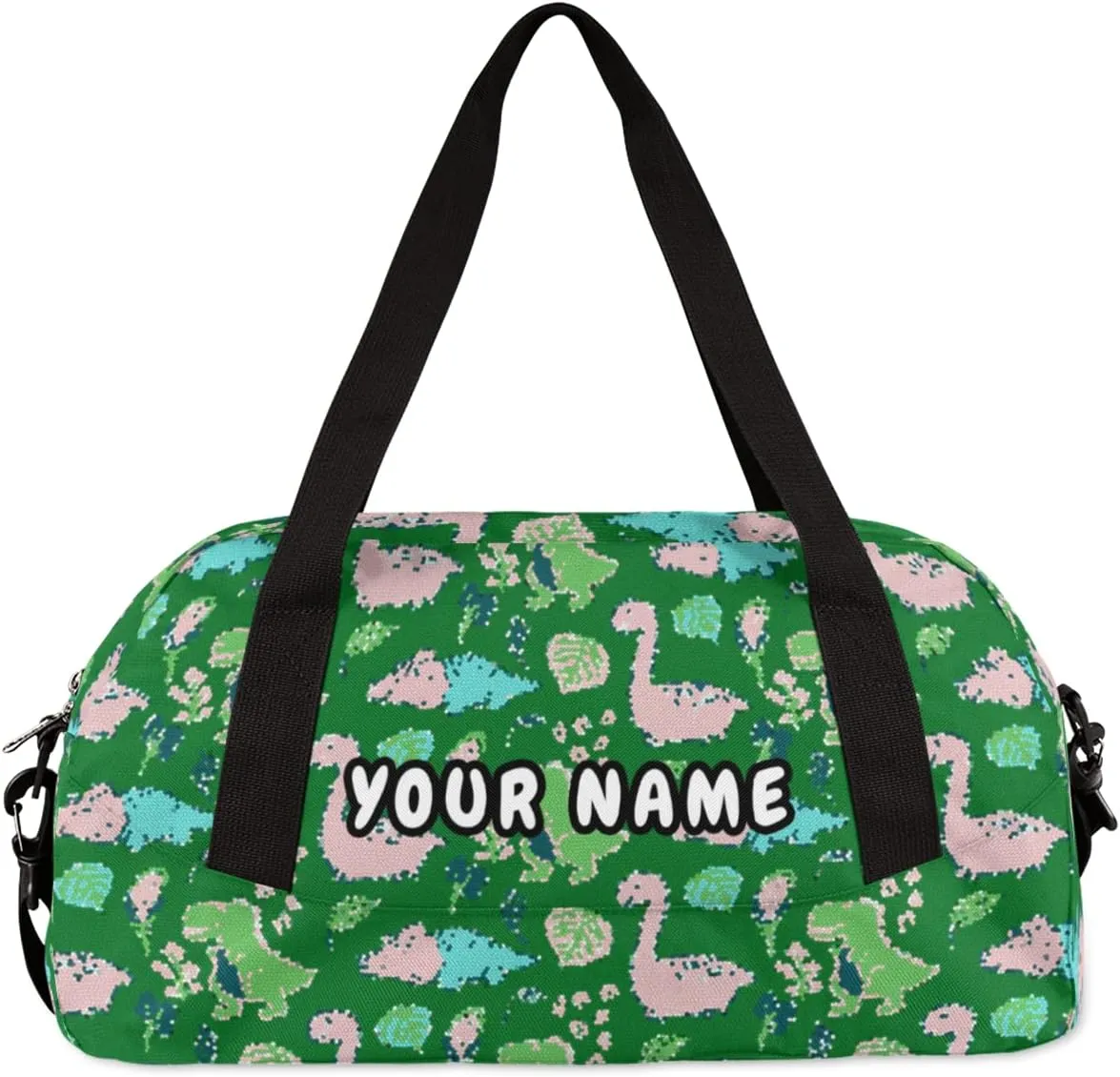 Pink Cute Dinosaur Personalized Kids Duffel Bag for Girls Boys, Dinosaur Debris Custom Name Overnight Small Duffel Bag Carry On Weekend Sports Travel Bag for School Practice Gymnastics Ballet