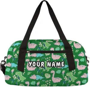 Pink Cute Dinosaur Personalized Kids Duffel Bag for Girls Boys, Dinosaur Debris Custom Name Overnight Small Duffel Bag Carry On Weekend Sports Travel Bag for School Practice Gymnastics Ballet