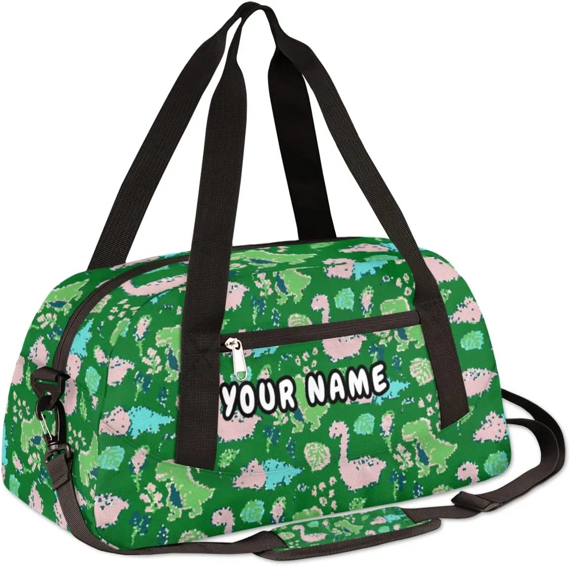 Pink Cute Dinosaur Personalized Kids Duffel Bag for Girls Boys, Dinosaur Debris Custom Name Overnight Small Duffel Bag Carry On Weekend Sports Travel Bag for School Practice Gymnastics Ballet