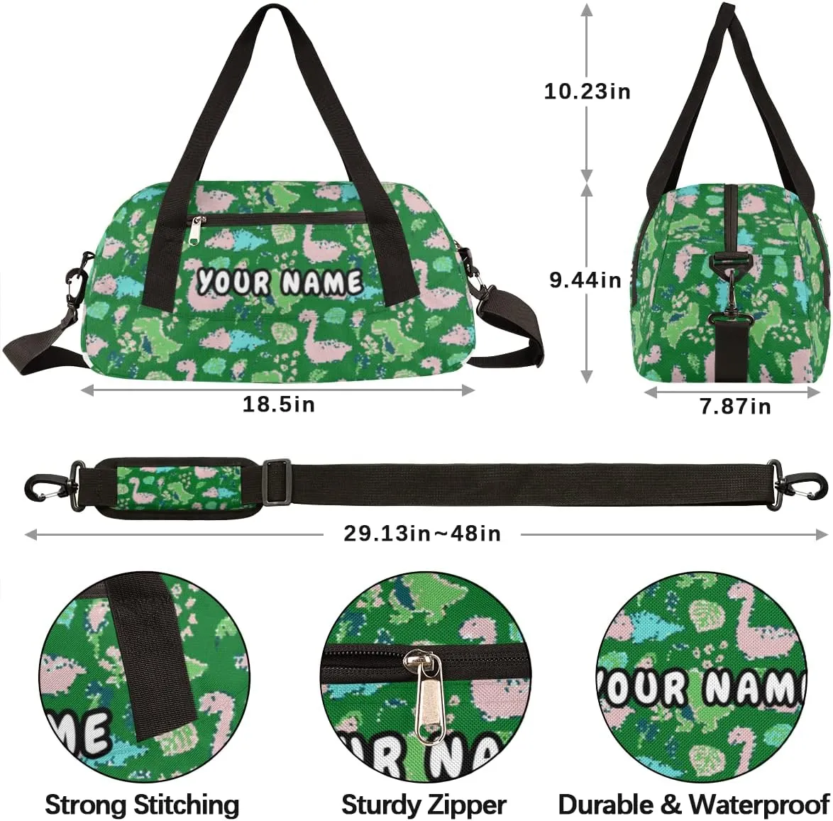 Pink Cute Dinosaur Personalized Kids Duffel Bag for Girls Boys, Dinosaur Debris Custom Name Overnight Small Duffel Bag Carry On Weekend Sports Travel Bag for School Practice Gymnastics Ballet