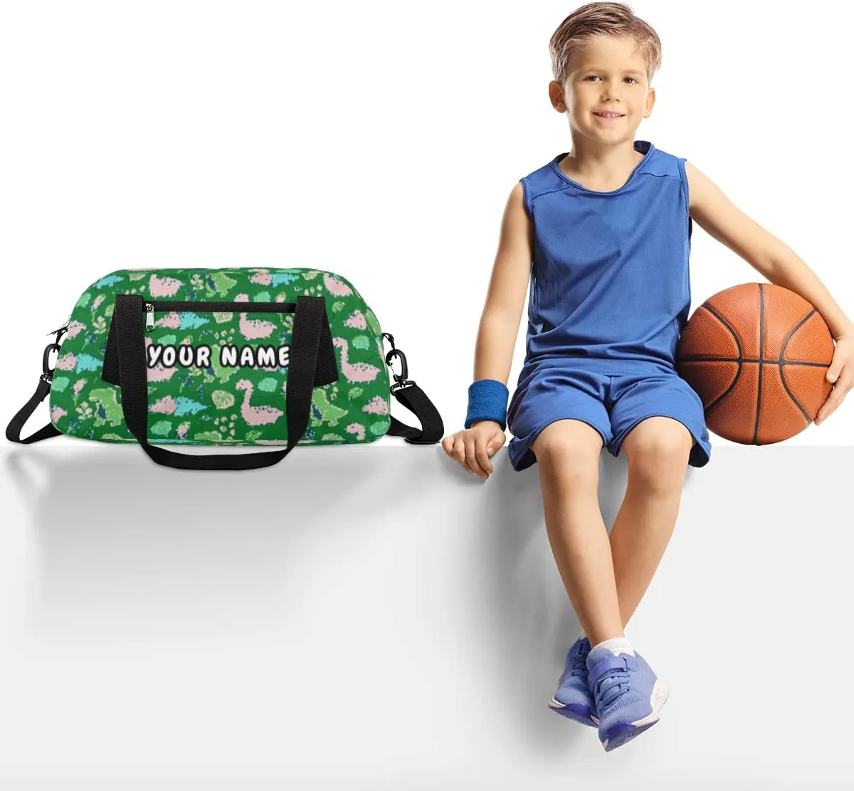 Pink Cute Dinosaur Personalized Kids Duffel Bag for Girls Boys, Dinosaur Debris Custom Name Overnight Small Duffel Bag Carry On Weekend Sports Travel Bag for School Practice Gymnastics Ballet