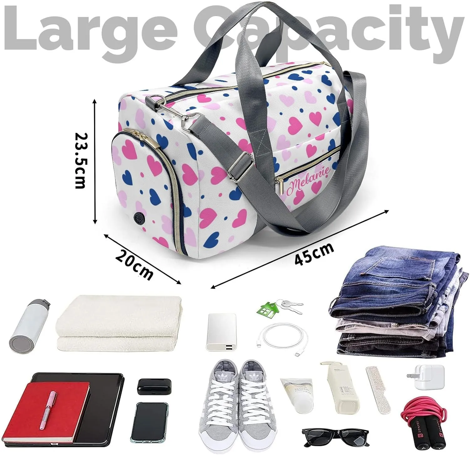 Pink Love Hearts Personalized Travel Duffel Bag Custom Waterproof Overnight Bag for Gym Sport Swim Bags Travel Assistant