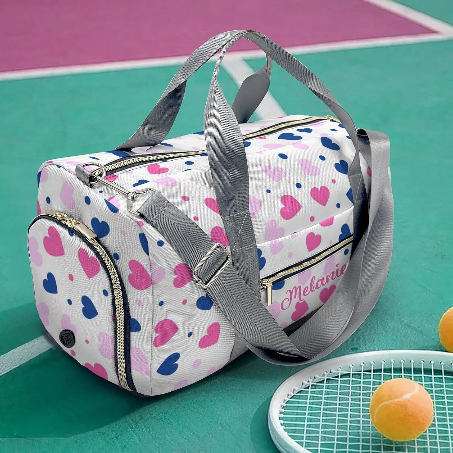 Pink Love Hearts Personalized Travel Duffel Bag Custom Waterproof Overnight Bag for Gym Sport Swim Bags Travel Assistant