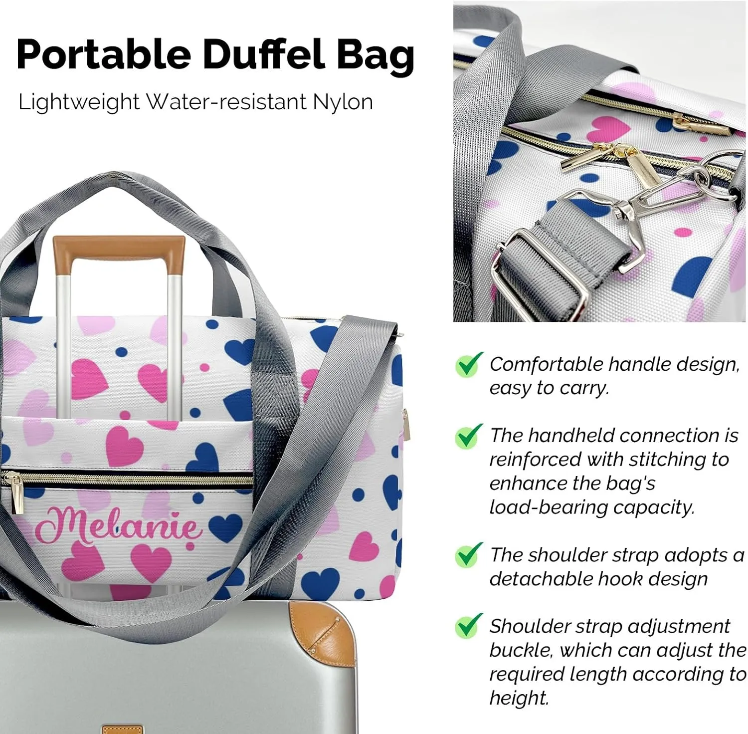 Pink Love Hearts Personalized Travel Duffel Bag Custom Waterproof Overnight Bag for Gym Sport Swim Bags Travel Assistant