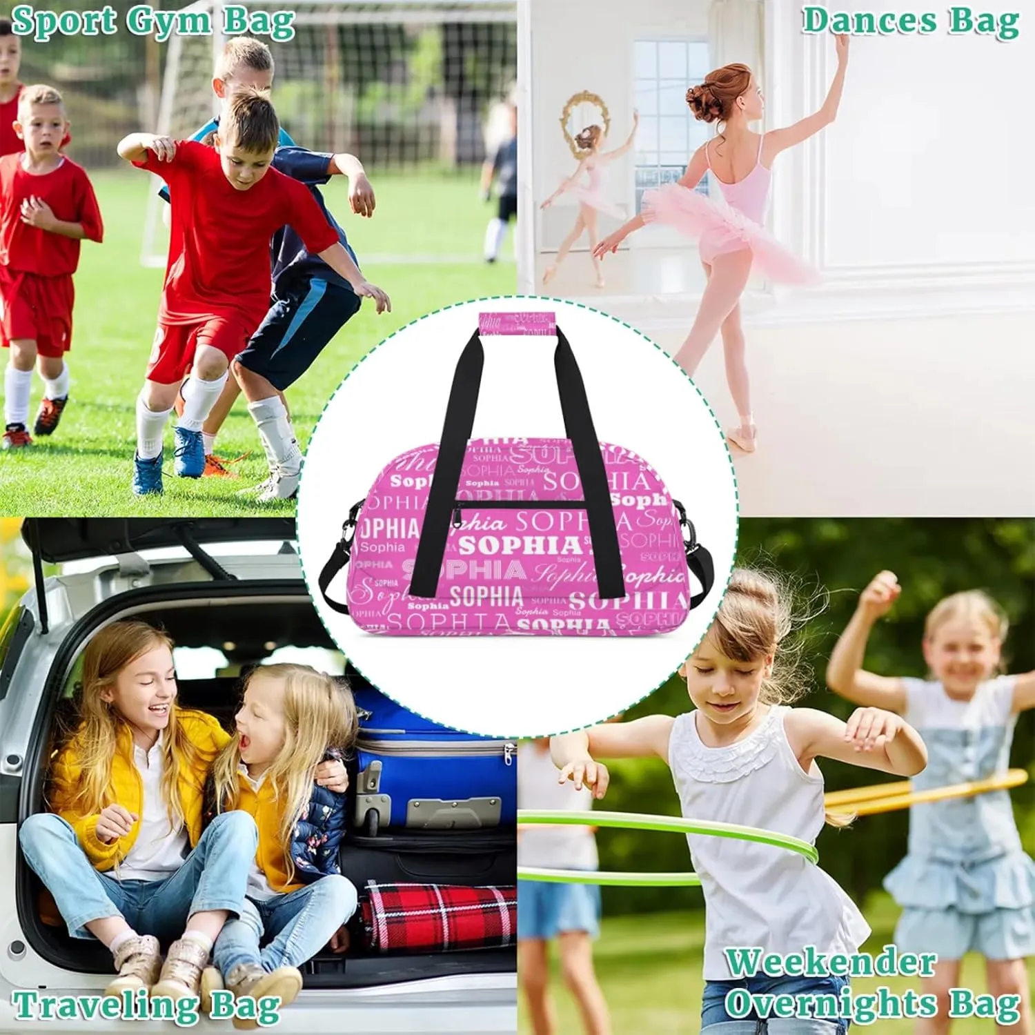 Pink Purple Custom Dance Bag Personalized Kids Gym Bag Overnight Duffel Bag Weekender Travel Bags for Girls Gymnastics Creative Name Ballet Bag Customized Kids Gifts