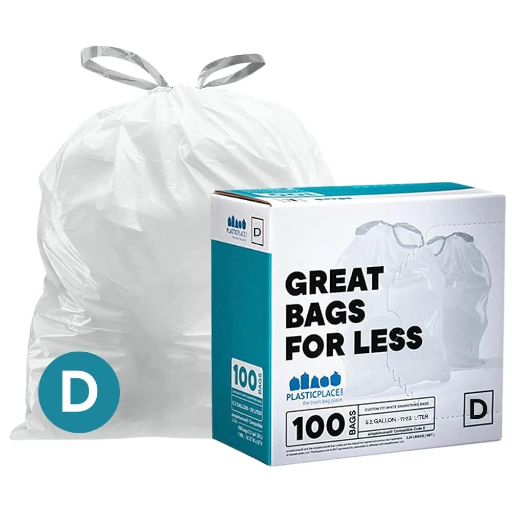 Plasticplace Custom Fit Trash Bags, Compatible with simplehuman Code D White Drawstring Garbage Liners 5.3 Gallon / 20 Liter, 15.75" x 28", 100 Count ( Pack of 1)