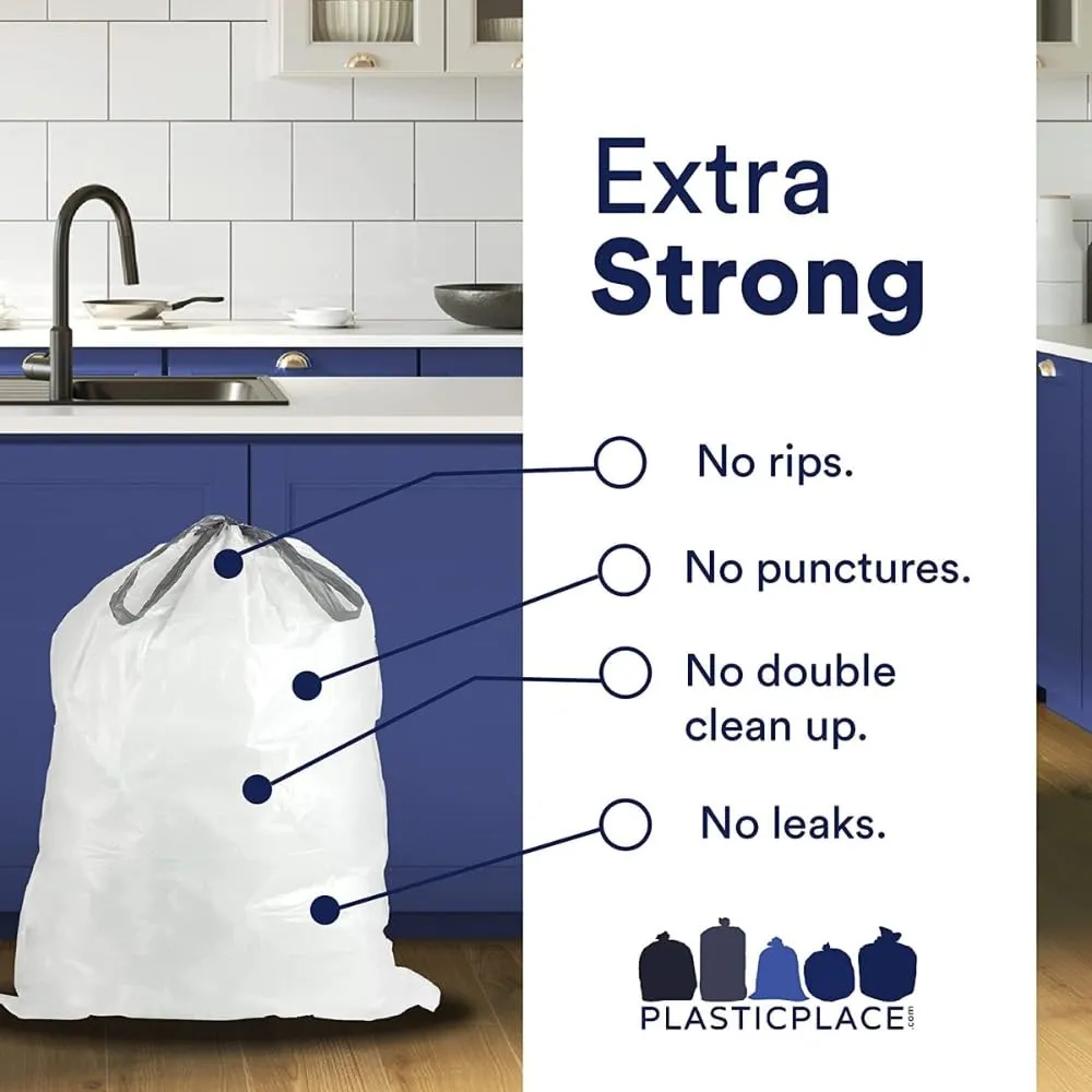 Plasticplace Custom Fit Trash Bags, Compatible with simplehuman Code D White Drawstring Garbage Liners 5.3 Gallon / 20 Liter, 15.75" x 28", 100 Count ( Pack of 1)