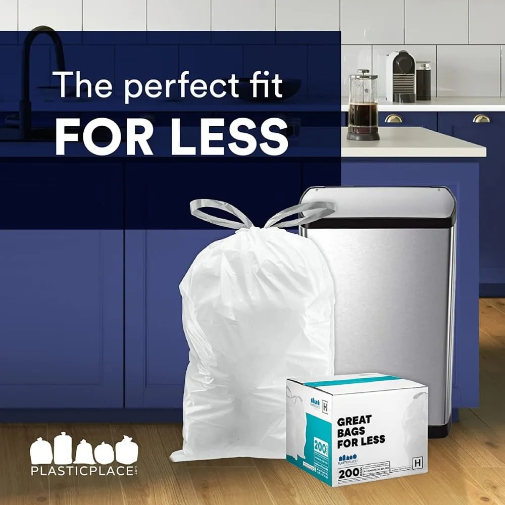 Plasticplace Custom Fit Trash Bags, Compatible with simplehuman Code D White Drawstring Garbage Liners 5.3 Gallon / 20 Liter, 15.75" x 28", 100 Count ( Pack of 1)