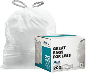 Plasticplace Custom Fit Trash Bags, Compatible with simplehuman Code E (200 Count) White Drawstring Garbage Liners 5.2 Gallon / 20 Liter, 18.5" x 20"