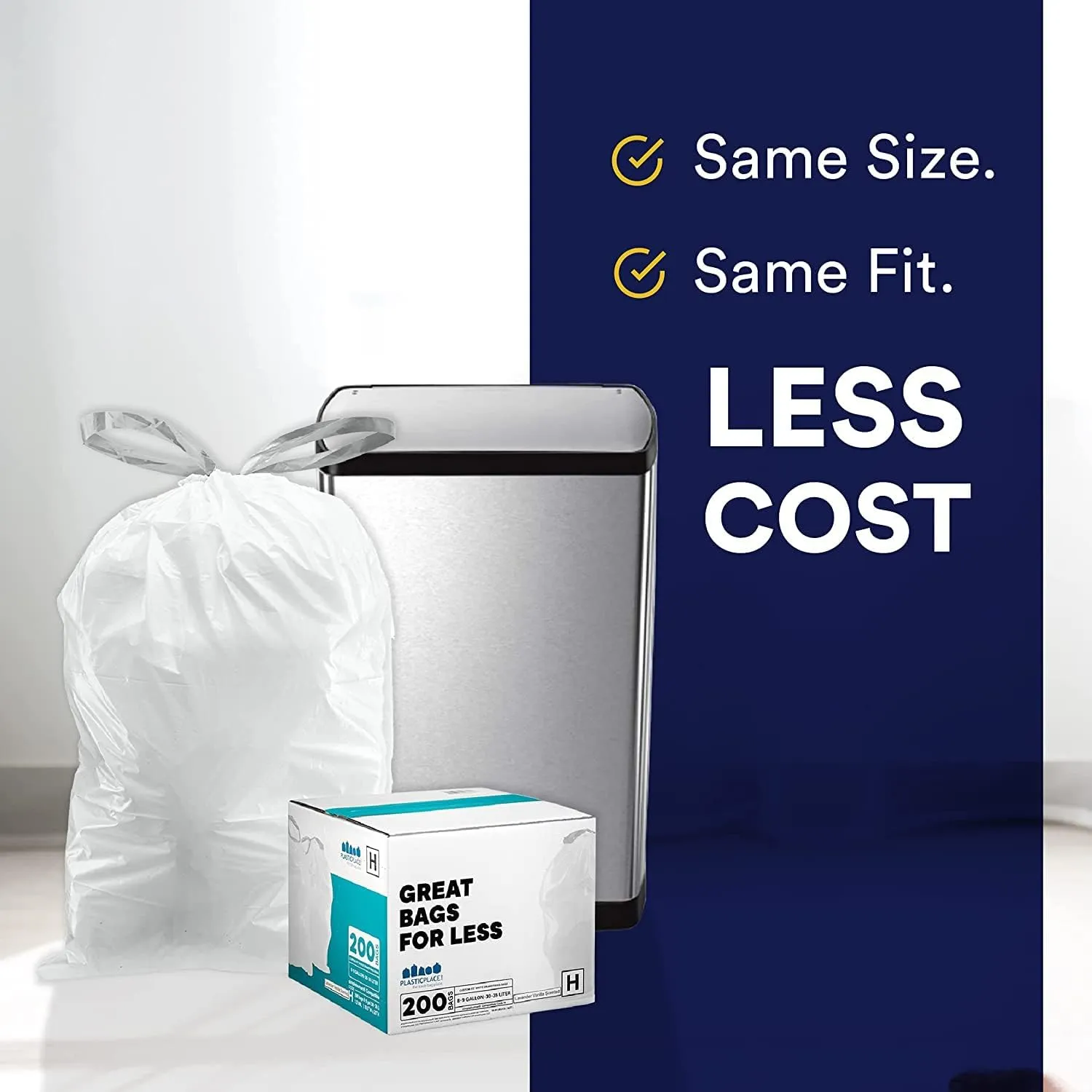 Plasticplace Custom Fit Trash Bags Compatible with Simplehuman Code J 50 Count White Drawstring Garbage Liners 10-10.5 Gallon Tear-Resistant Bags