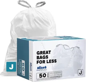Plasticplace Custom Fit Trash Bags Compatible with Simplehuman Code J 50 Count White Drawstring Garbage Liners 10-10.5 Gallon Tear-Resistant Bags
