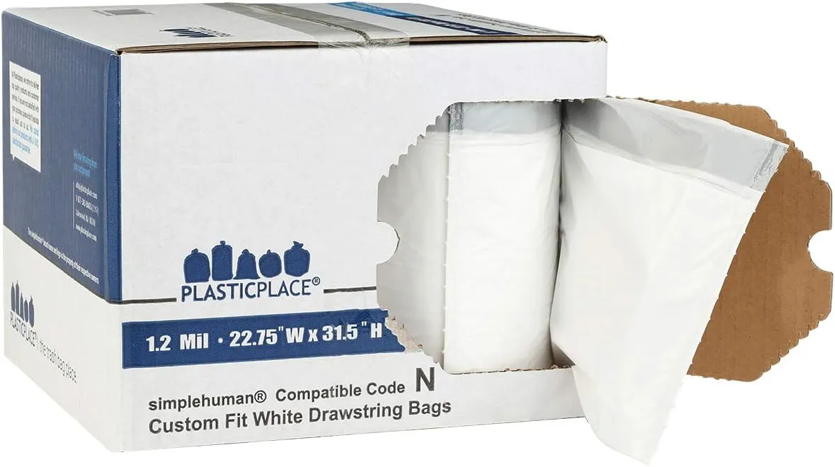 Plasticplace Custom Fit Trash Bags, Compatible with Simplehuman Code N (200 Count) White Drawstring Garbage Liners 12-13 Gallon / 45-50 Liters, 22.5" x 31.5"
