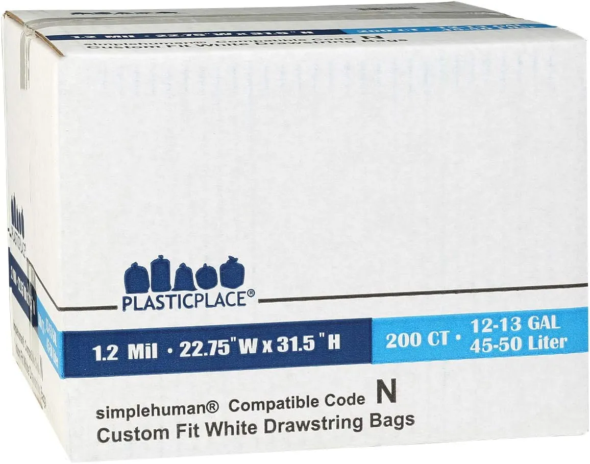 Plasticplace Custom Fit Trash Bags, Compatible with Simplehuman Code N (200 Count) White Drawstring Garbage Liners 12-13 Gallon / 45-50 Liters, 22.5" x 31.5"