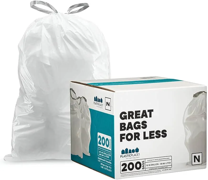 Plasticplace Custom Fit Trash Bags, Compatible with Simplehuman Code N (200 Count) White Drawstring Garbage Liners 12-13 Gallon / 45-50 Liters, 22.5" x 31.5"