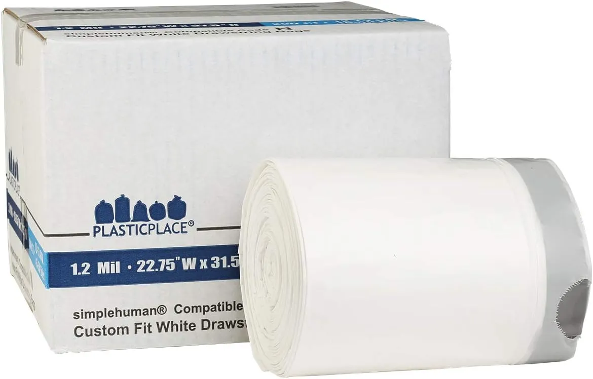 Plasticplace Custom Fit Trash Bags, Compatible with Simplehuman Code N (200 Count) White Drawstring Garbage Liners 12-13 Gallon / 45-50 Liters, 22.5" x 31.5"